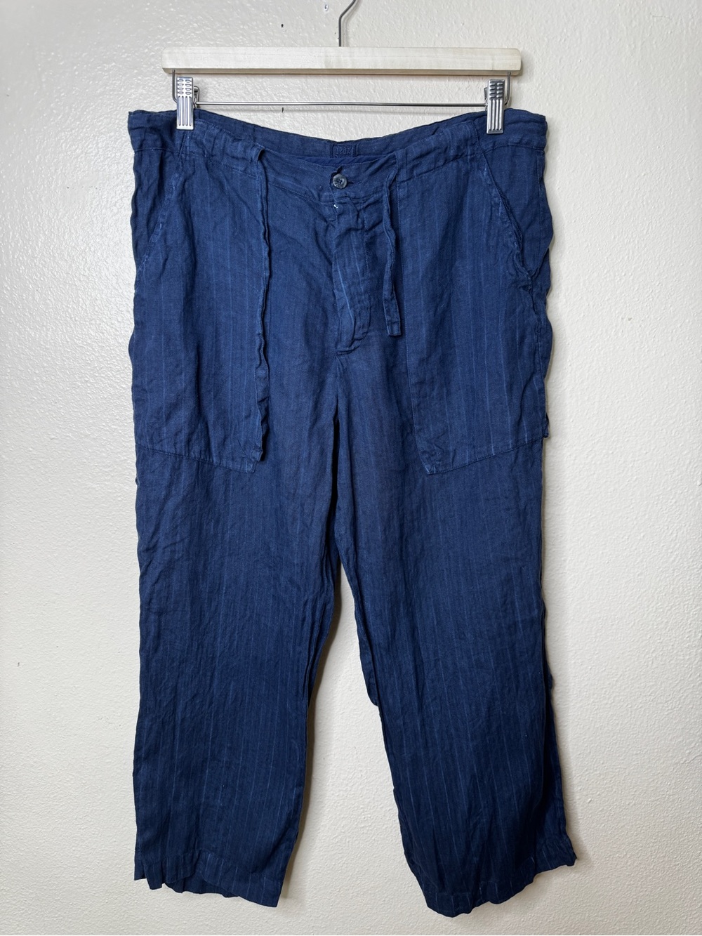 120% Lino Pants Women’s 48 Blue 100% Linen Crop Striped Relaxed Coastal Italian